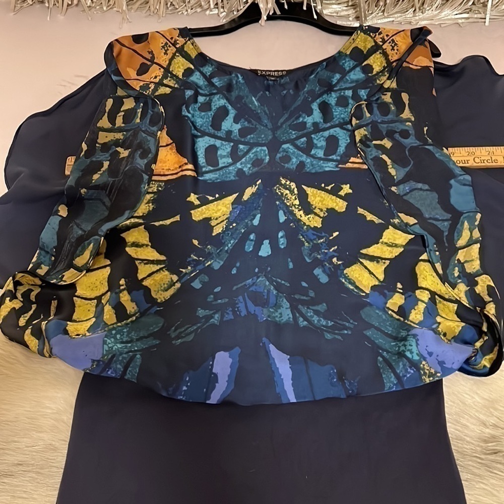 EXPRESS Navy Blue Butterfly XS Flutter Sleeves Blouse Knit Skirt Dress 2011 - Picture 12 of 17